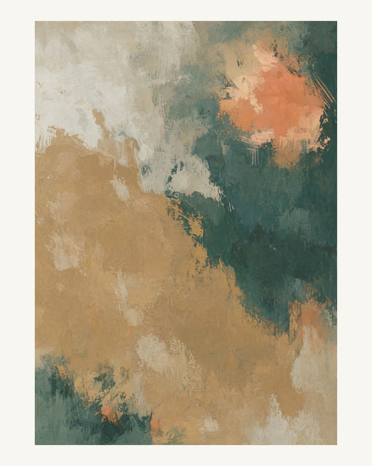 Abstrakt måleriskt motiv i ekfaner, ljus kalk, skogsskugga, aprikos. Ett fylligt, oregelbundet färgfält får tyngd av skrapade lager och bryts av ljusare öppningar. 40 × 50 cm.