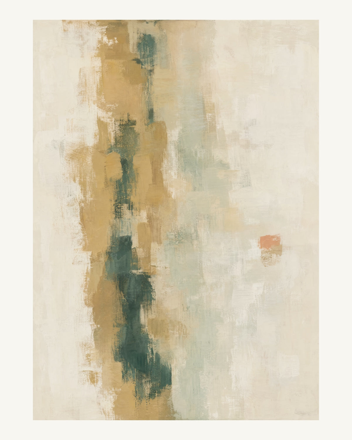Abstrakt måleriskt motiv i ekfaner, ljus kalk, skogsskugga, aprikos. Ett brutet lodrätt färgstråk möter tunna utsuddade slöjor och en liten förskjuten accent. 40 × 50 cm.