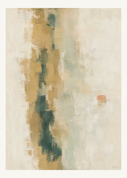 Abstrakt måleriskt motiv i ekfaner, ljus kalk, skogsskugga, aprikos. Ett brutet lodrätt färgstråk möter tunna utsuddade slöjor och en liten förskjuten accent. 50 × 70 cm.