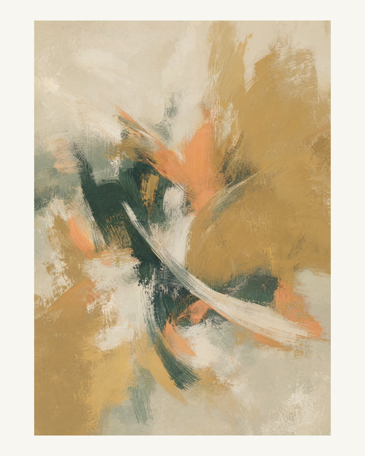 Abstrakt måleriskt motiv i ekfaner, ljus kalk, skogsskugga, aprikos. Korta, torra penseldrag möter en bredare rörelse i en färgrik mittpunkt med luft runt omkring. 40 × 50 cm.
