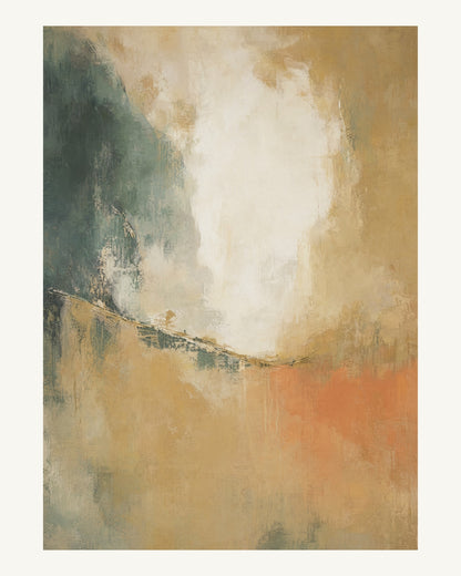 Abstrakt måleriskt motiv i ekfaner, ljus kalk, skogsskugga, aprikos. Mjuka färgfält löser upp sig kring ett ljust mellanrum, med diskreta skrapningar som ger ytan liv. 40 × 50 cm.