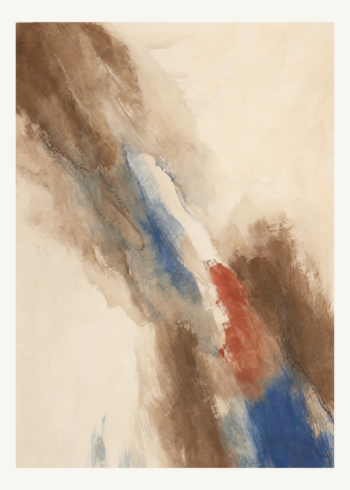 Abstrakt måleriskt motiv i mörkbrun askfaner, varmt elfenben, kobolt, tegelrött. Tunna färgslöjor glider diagonalt över ljusa partier, med ett tätare färgavtryck som motvikt. 50 × 70 cm.