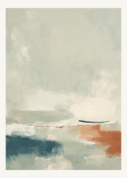 Abstrakt måleriskt motiv i ljusgrön, pappersvitt, petroleum, bränd terrakotta. Breda, ojämna färglager möts kring en avbruten horisont och lämnar gott om ljus luft. 50 × 70 cm.