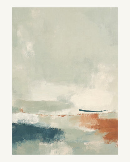 Abstrakt måleriskt motiv i ljusgrön, pappersvitt, petroleum, bränd terrakotta. Breda, ojämna färglager möts kring en avbruten horisont och lämnar gott om ljus luft. 40 × 50 cm.