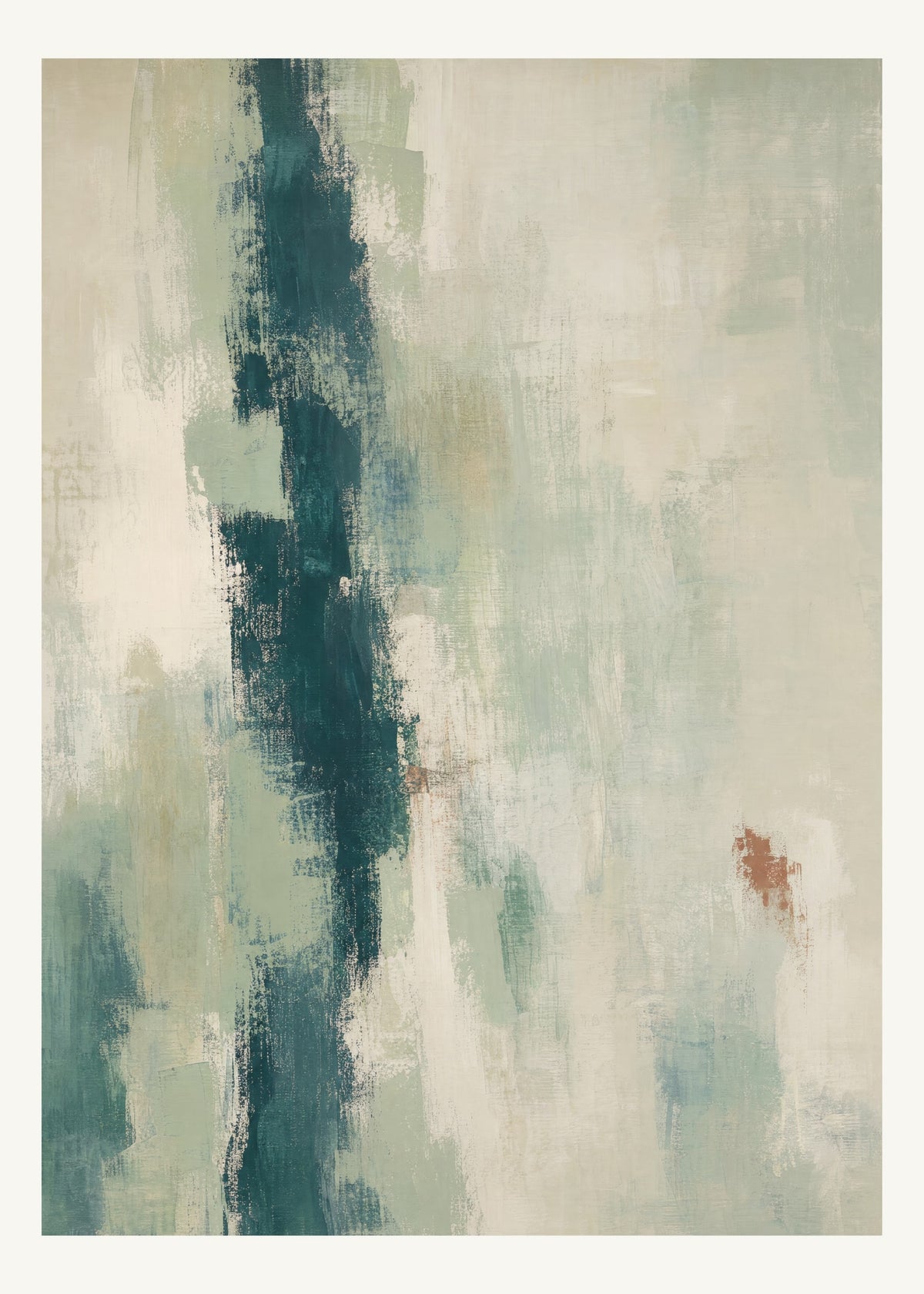 Abstrakt måleriskt motiv i ljusgrön, pappersvitt, petroleum, bränd terrakotta. Ett brutet lodrätt färgstråk möter tunna utsuddade slöjor och en liten förskjuten accent. 50 × 70 cm.