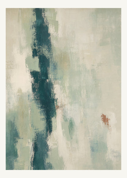 Abstrakt måleriskt motiv i ljusgrön, pappersvitt, petroleum, bränd terrakotta. Ett brutet lodrätt färgstråk möter tunna utsuddade slöjor och en liten förskjuten accent. 50 × 70 cm.
