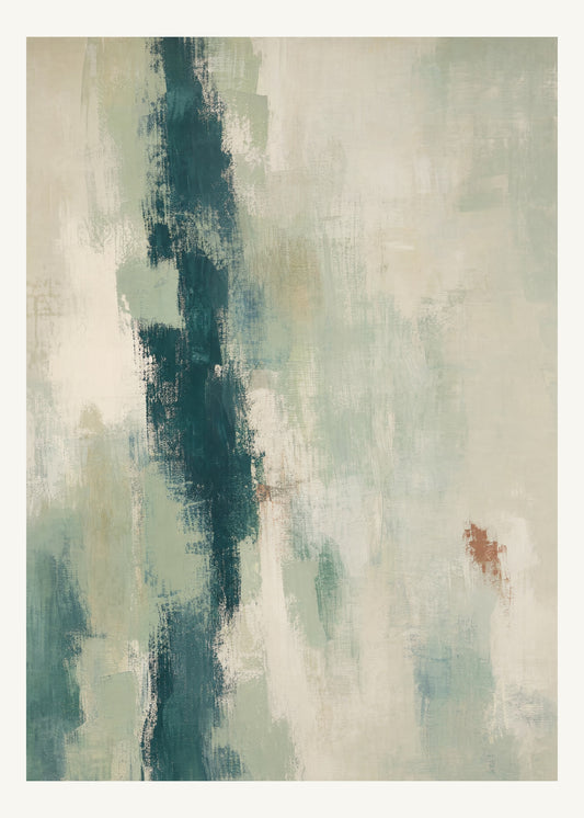 Abstrakt måleriskt motiv i ljusgrön, pappersvitt, petroleum, bränd terrakotta. Ett brutet lodrätt färgstråk möter tunna utsuddade slöjor och en liten förskjuten accent. 50 × 70 cm.