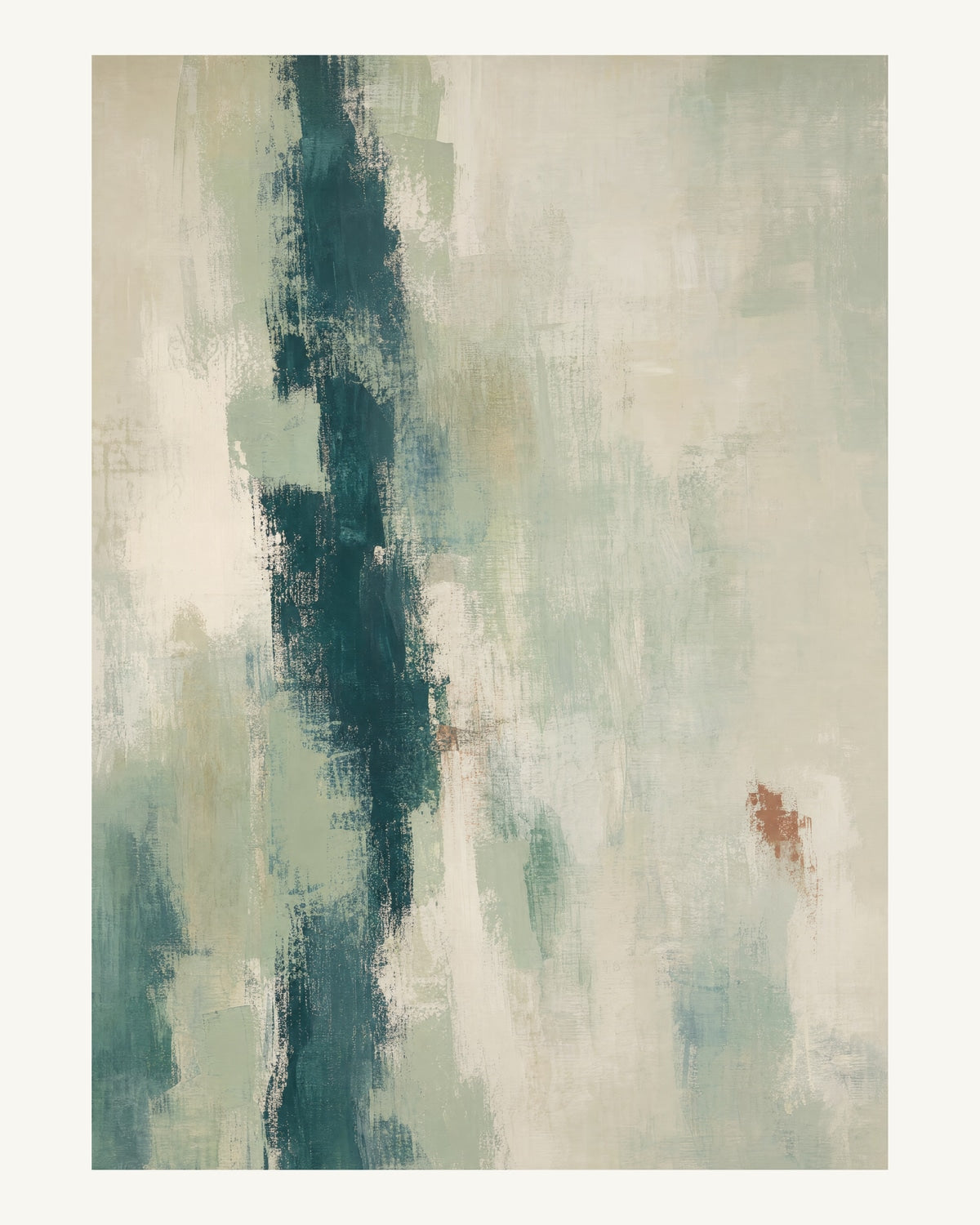 Abstrakt måleriskt motiv i ljusgrön, pappersvitt, petroleum, bränd terrakotta. Ett brutet lodrätt färgstråk möter tunna utsuddade slöjor och en liten förskjuten accent. 40 × 50 cm.