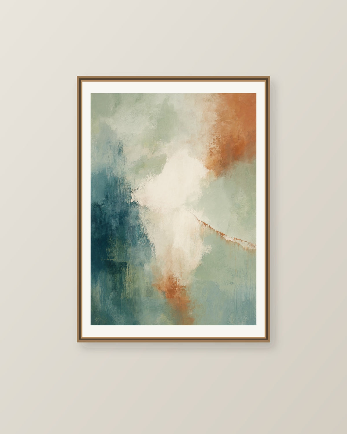 Abstrakt måleriskt motiv i ljusgrön, pappersvitt, petroleum, bränd terrakotta. Mjuka färgfält löser upp sig kring ett ljust mellanrum, med diskreta skrapningar som ger ytan liv. Illustrerad inramningsvy. Ram ingår inte.