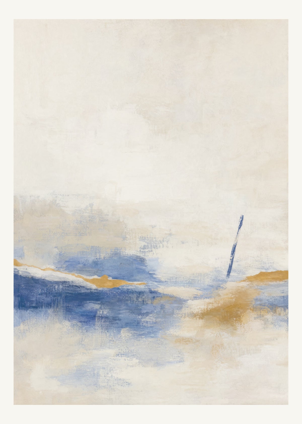 Abstrakt måleriskt motiv i vit, kalkvitt, ultramarin, dämpad ockra. Breda, ojämna färglager möts kring en avbruten horisont och lämnar gott om ljus luft. 50 × 70 cm.