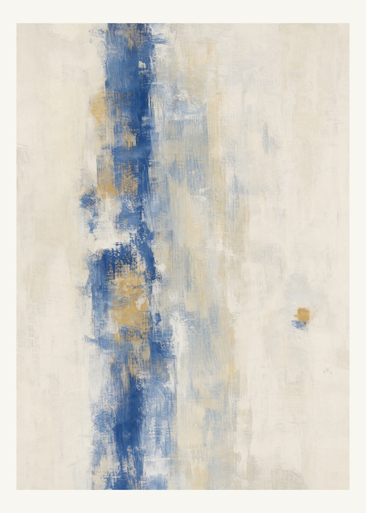 Abstrakt måleriskt motiv i vit, kalkvitt, ultramarin, dämpad ockra. Ett brutet lodrätt färgstråk möter tunna utsuddade slöjor och en liten förskjuten accent. 50 × 70 cm.