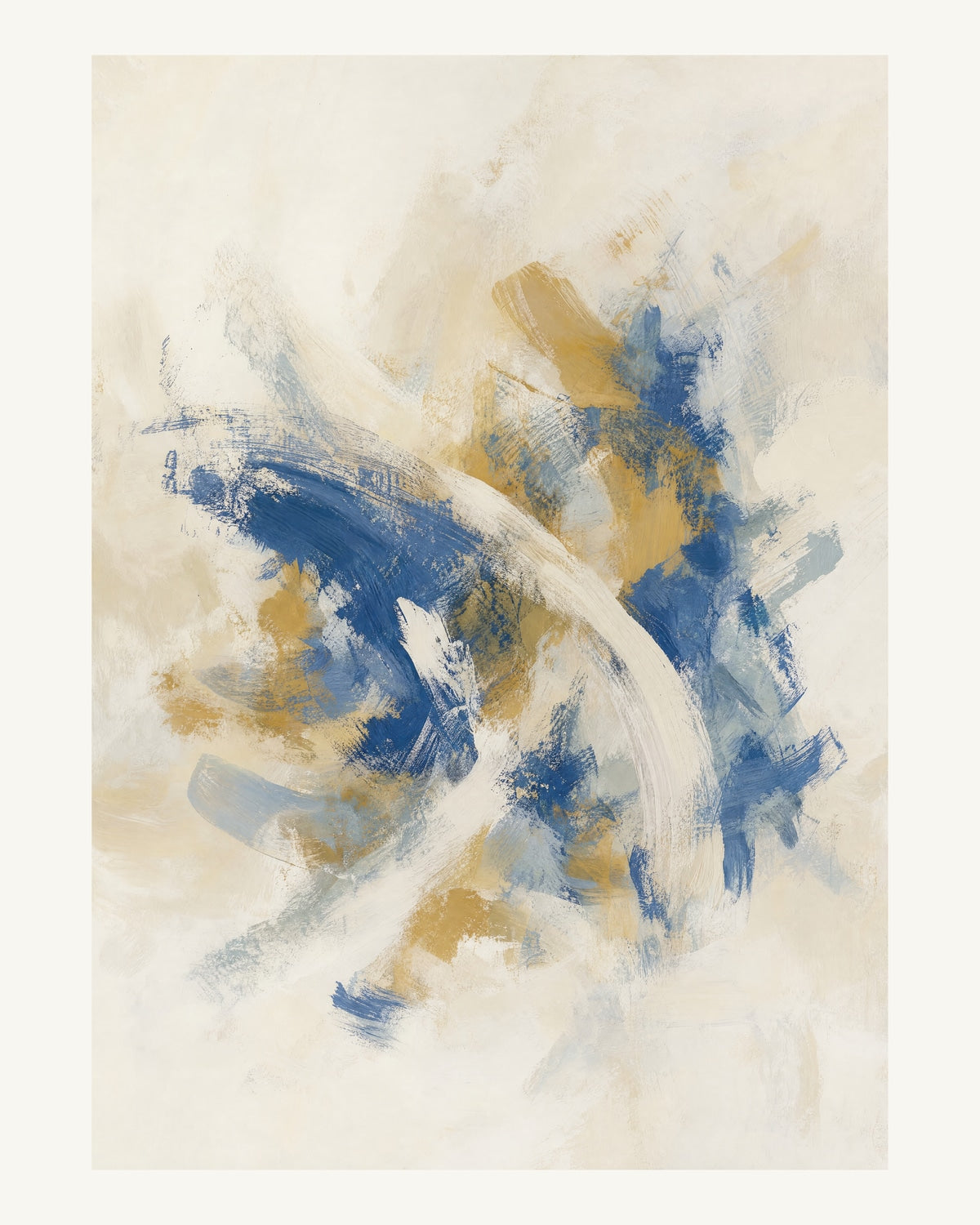 Abstrakt måleriskt motiv i vit, kalkvitt, ultramarin, dämpad ockra. Korta, torra penseldrag möter en bredare rörelse i en färgrik mittpunkt med luft runt omkring. 40 × 50 cm.