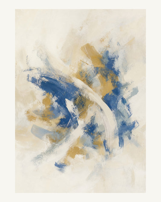 Abstrakt måleriskt motiv i vit, kalkvitt, ultramarin, dämpad ockra. Korta, torra penseldrag möter en bredare rörelse i en färgrik mittpunkt med luft runt omkring. 40 × 50 cm.