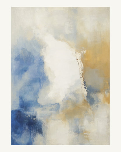 Abstrakt måleriskt motiv i vit, kalkvitt, ultramarin, dämpad ockra. Mjuka färgfält löser upp sig kring ett ljust mellanrum, med diskreta skrapningar som ger ytan liv. 40 × 50 cm.