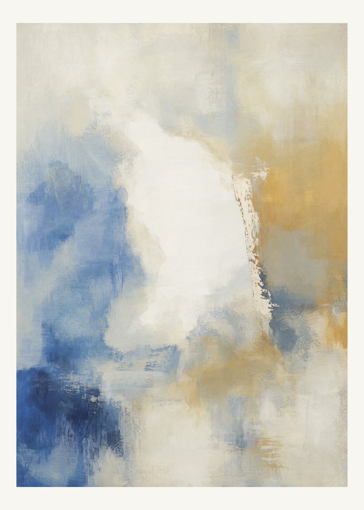 Abstrakt måleriskt motiv i vit, kalkvitt, ultramarin, dämpad ockra. Mjuka färgfält löser upp sig kring ett ljust mellanrum, med diskreta skrapningar som ger ytan liv. 50 × 70 cm.