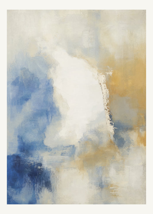 Abstrakt måleriskt motiv i vit, kalkvitt, ultramarin, dämpad ockra. Mjuka färgfält löser upp sig kring ett ljust mellanrum, med diskreta skrapningar som ger ytan liv. 50 × 70 cm.