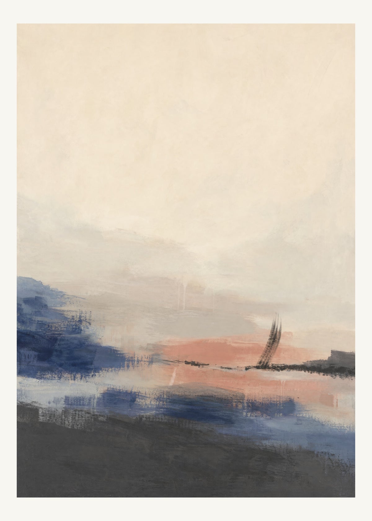 Abstrakt måleriskt motiv i matt yta antracit, benvitt, djup indigo, lerrosa. Breda, ojämna färglager möts kring en avbruten horisont och lämnar gott om ljus luft. 50 × 70 cm.