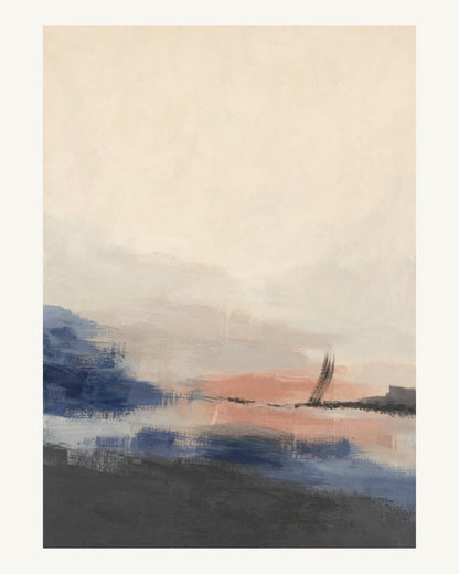 Abstrakt måleriskt motiv i matt yta antracit, benvitt, djup indigo, lerrosa. Breda, ojämna färglager möts kring en avbruten horisont och lämnar gott om ljus luft. 40 × 50 cm.