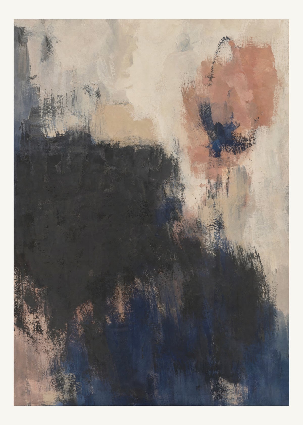 Abstrakt måleriskt motiv i matt yta antracit, benvitt, djup indigo, lerrosa. Ett fylligt, oregelbundet färgfält får tyngd av skrapade lager och bryts av ljusare öppningar. 50 × 70 cm.