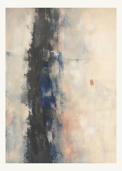 Abstrakt måleriskt motiv i matt yta antracit, benvitt, djup indigo, lerrosa. Ett brutet lodrätt färgstråk möter tunna utsuddade slöjor och en liten förskjuten accent. 50 × 70 cm.