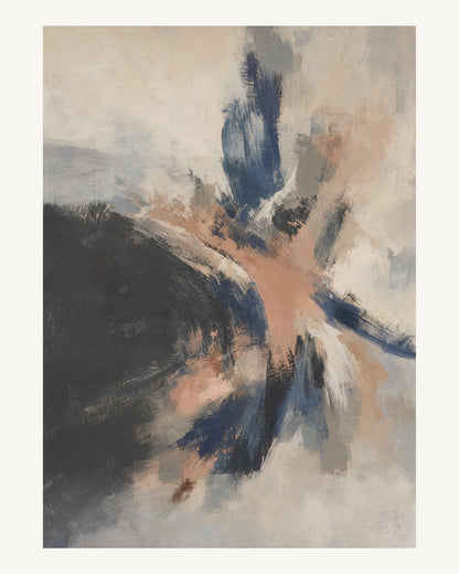 Abstrakt måleriskt motiv i matt yta antracit, benvitt, djup indigo, lerrosa. Korta, torra penseldrag möter en bredare rörelse i en färgrik mittpunkt med luft runt omkring. 40 × 50 cm.