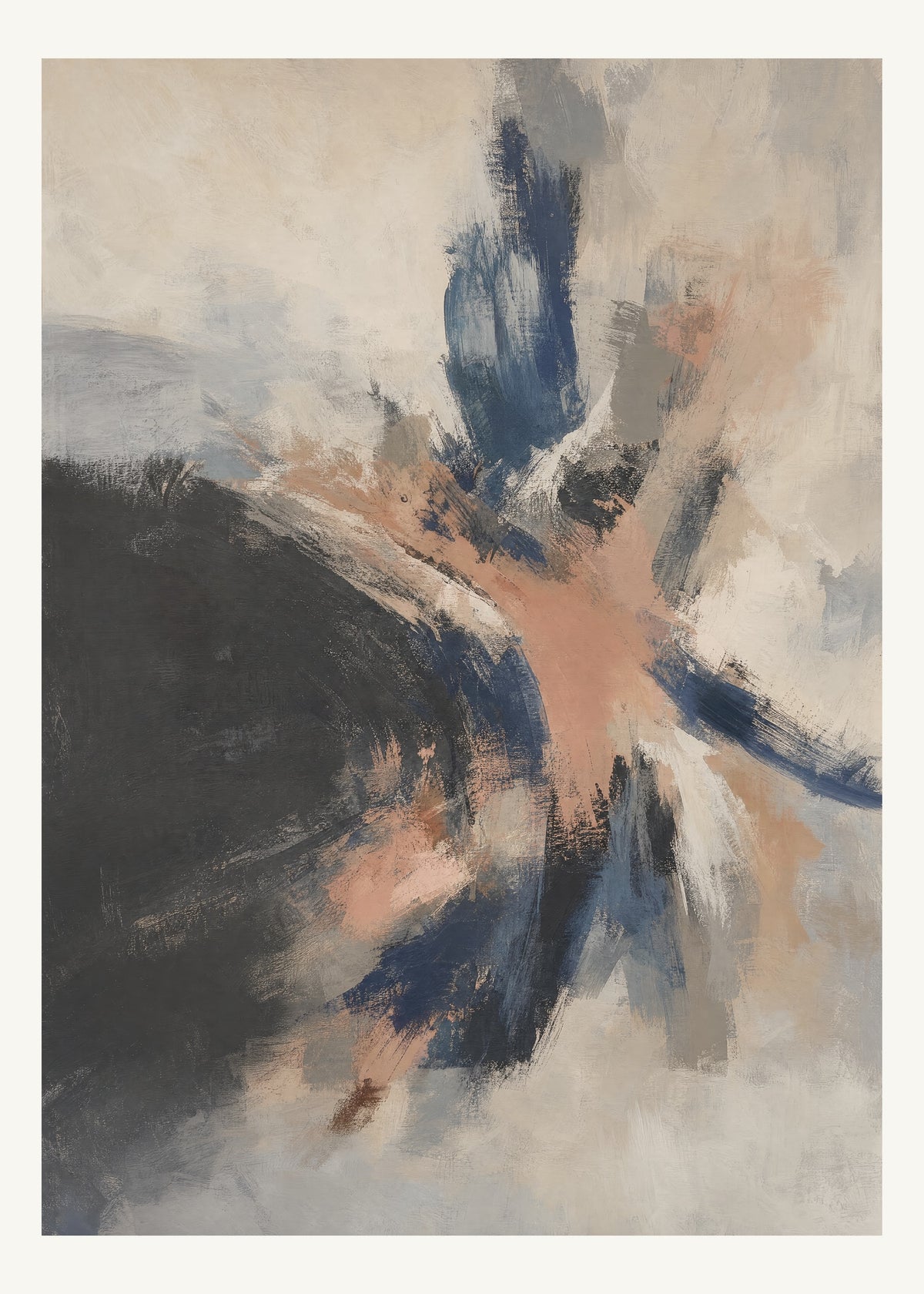 Abstrakt måleriskt motiv i matt yta antracit, benvitt, djup indigo, lerrosa. Korta, torra penseldrag möter en bredare rörelse i en färgrik mittpunkt med luft runt omkring. 50 × 70 cm.