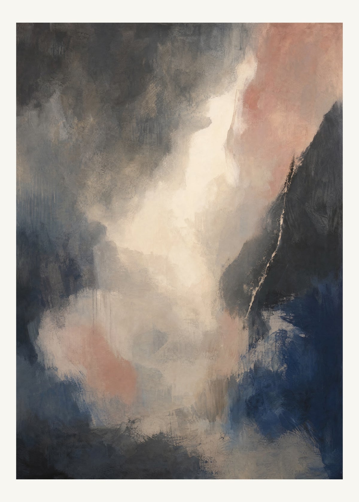 Abstrakt måleriskt motiv i matt yta antracit, benvitt, djup indigo, lerrosa. Mjuka färgfält löser upp sig kring ett ljust mellanrum, med diskreta skrapningar som ger ytan liv. 50 × 70 cm.