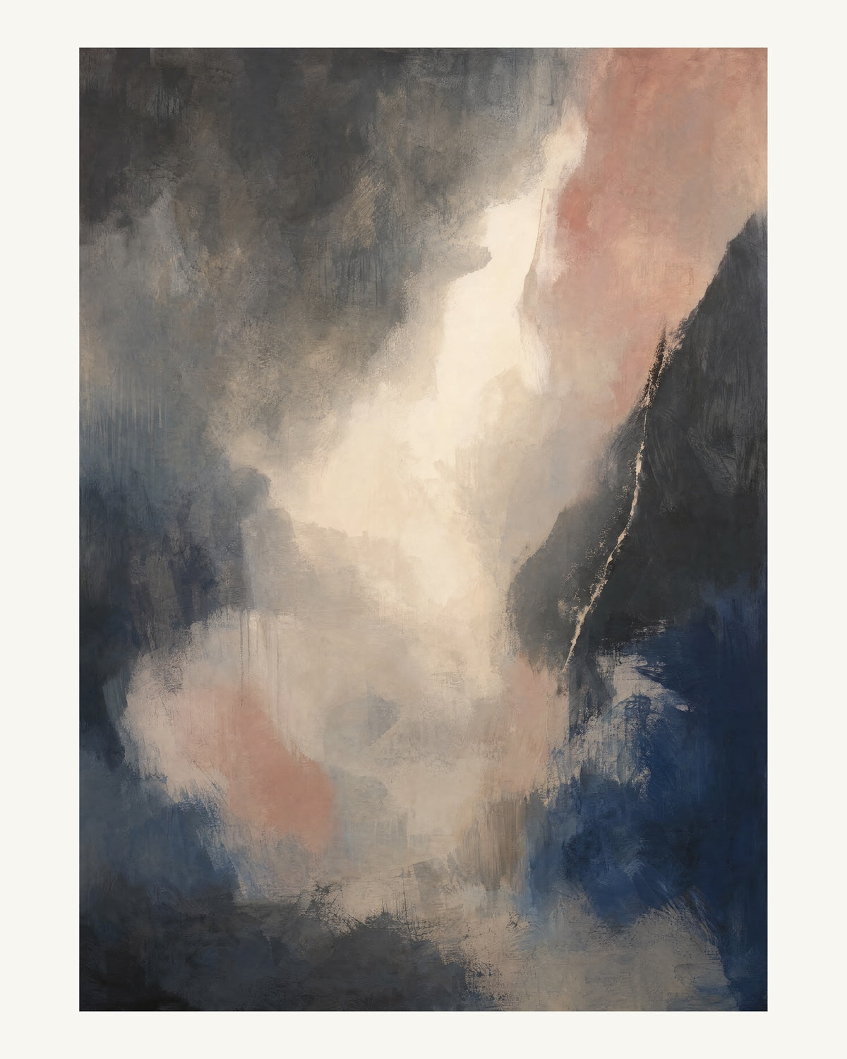 Abstrakt måleriskt motiv i matt yta antracit, benvitt, djup indigo, lerrosa. Mjuka färgfält löser upp sig kring ett ljust mellanrum, med diskreta skrapningar som ger ytan liv. 40 × 50 cm.