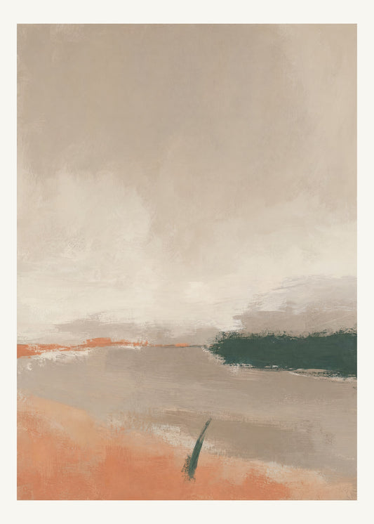 Abstrakt måleriskt motiv i matt yta mörkbeige, ljus kalk, skogsskugga, aprikos. Breda, ojämna färglager möts kring en avbruten horisont och lämnar gott om ljus luft. 50 × 70 cm.
