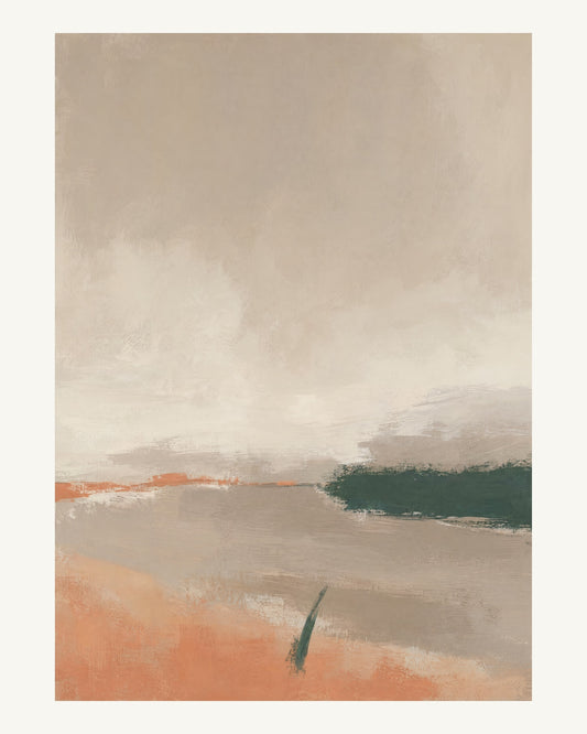 Abstrakt måleriskt motiv i matt yta mörkbeige, ljus kalk, skogsskugga, aprikos. Breda, ojämna färglager möts kring en avbruten horisont och lämnar gott om ljus luft. 40 × 50 cm.
