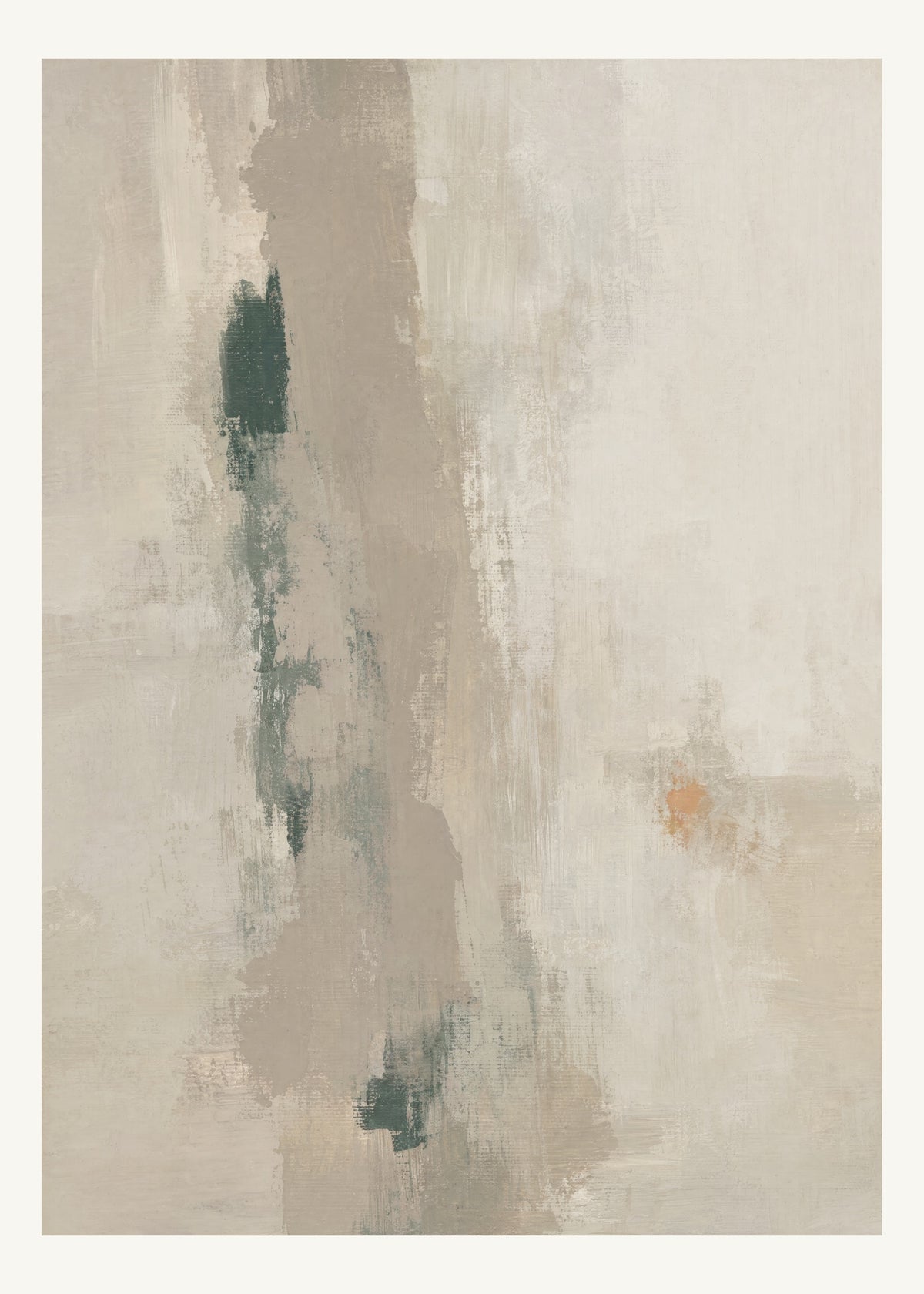 Abstrakt måleriskt motiv i matt yta mörkbeige, ljus kalk, skogsskugga, aprikos. Ett brutet lodrätt färgstråk möter tunna utsuddade slöjor och en liten förskjuten accent. 50 × 70 cm.