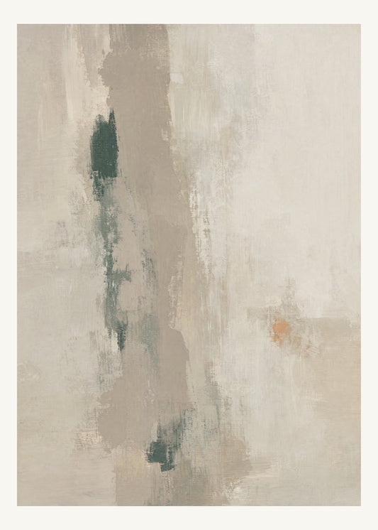 Abstrakt måleriskt motiv i matt yta mörkbeige, ljus kalk, skogsskugga, aprikos. Ett brutet lodrätt färgstråk möter tunna utsuddade slöjor och en liten förskjuten accent. 50 × 70 cm.