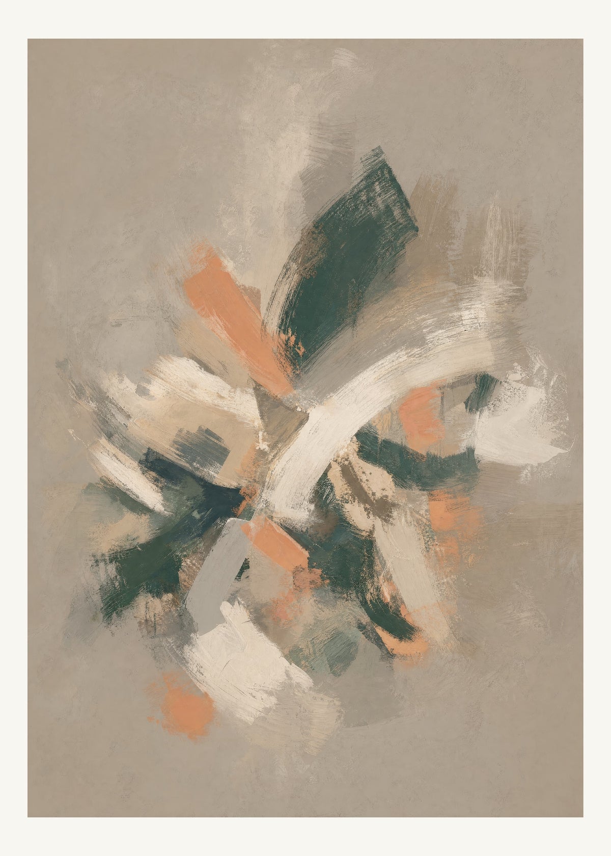 Abstrakt måleriskt motiv i matt yta mörkbeige, ljus kalk, skogsskugga, aprikos. Korta, torra penseldrag möter en bredare rörelse i en färgrik mittpunkt med luft runt omkring. 50 × 70 cm.