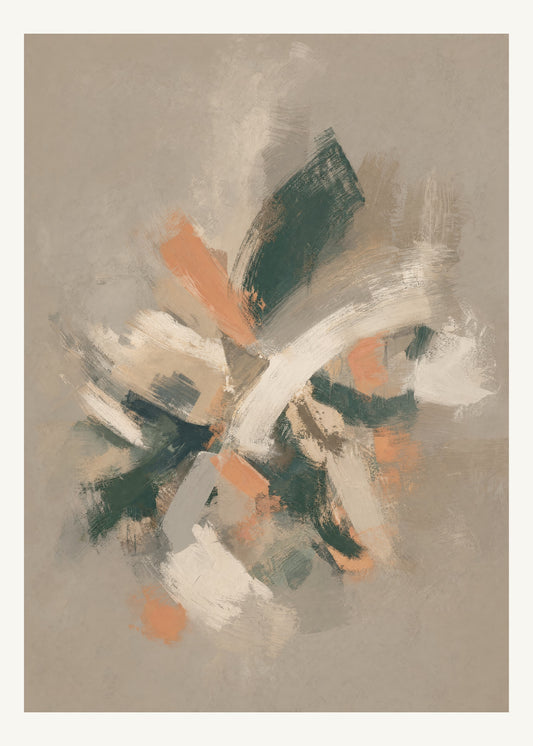 Abstrakt måleriskt motiv i matt yta mörkbeige, ljus kalk, skogsskugga, aprikos. Korta, torra penseldrag möter en bredare rörelse i en färgrik mittpunkt med luft runt omkring. 50 × 70 cm.