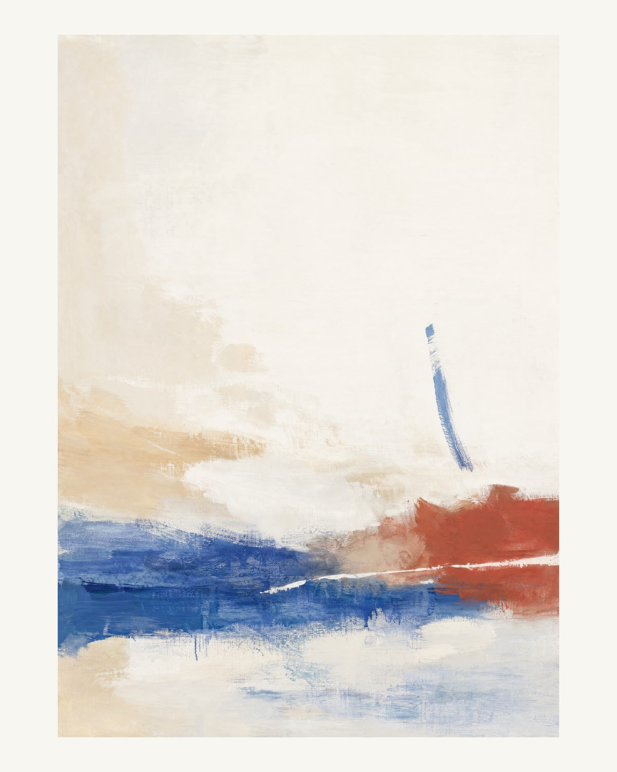 Abstrakt måleriskt motiv i vit, varmt elfenben, kobolt, tegelrött. Breda, ojämna färglager möts kring en avbruten horisont och lämnar gott om ljus luft. 40 × 50 cm.