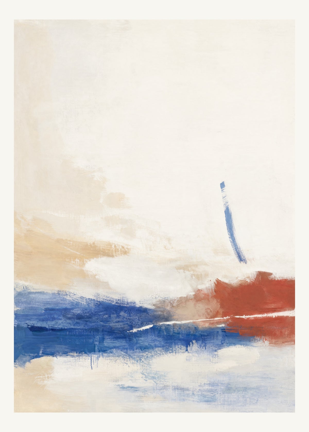 Abstrakt måleriskt motiv i vit, varmt elfenben, kobolt, tegelrött. Breda, ojämna färglager möts kring en avbruten horisont och lämnar gott om ljus luft. 50 × 70 cm.