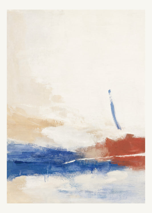 Abstrakt måleriskt motiv i vit, varmt elfenben, kobolt, tegelrött. Breda, ojämna färglager möts kring en avbruten horisont och lämnar gott om ljus luft. 50 × 70 cm.