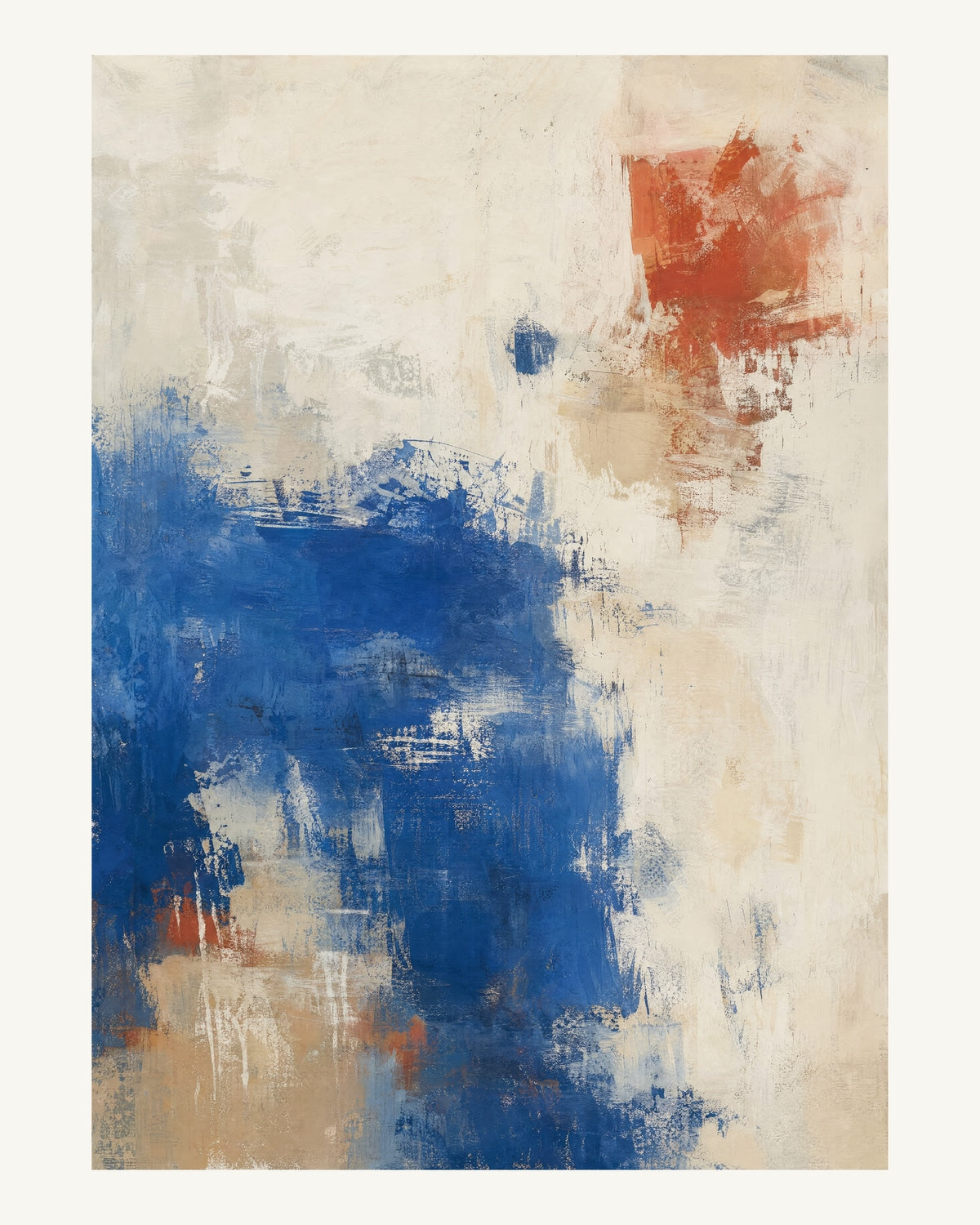 Abstrakt måleriskt motiv i vit, varmt elfenben, kobolt, tegelrött. Ett fylligt, oregelbundet färgfält får tyngd av skrapade lager och bryts av ljusare öppningar. 40 × 50 cm.