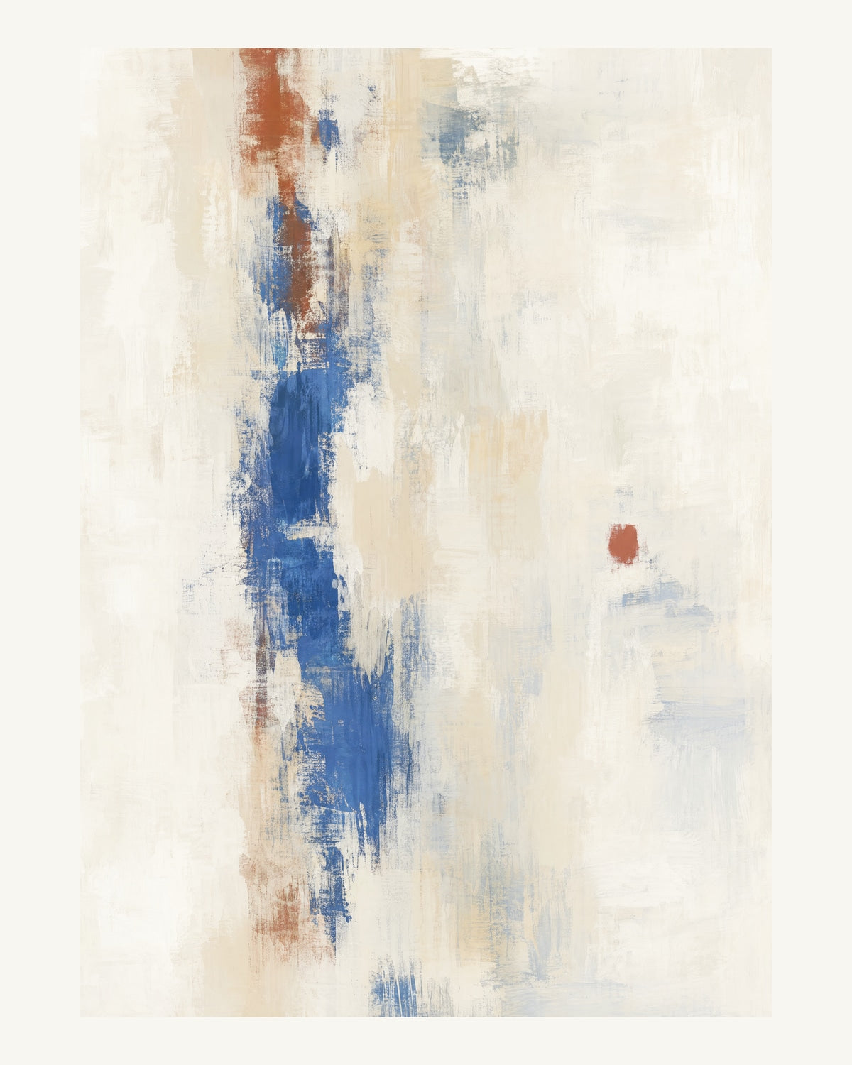 Abstrakt måleriskt motiv i vit, varmt elfenben, kobolt, tegelrött. Ett brutet lodrätt färgstråk möter tunna utsuddade slöjor och en liten förskjuten accent. 40 × 50 cm.