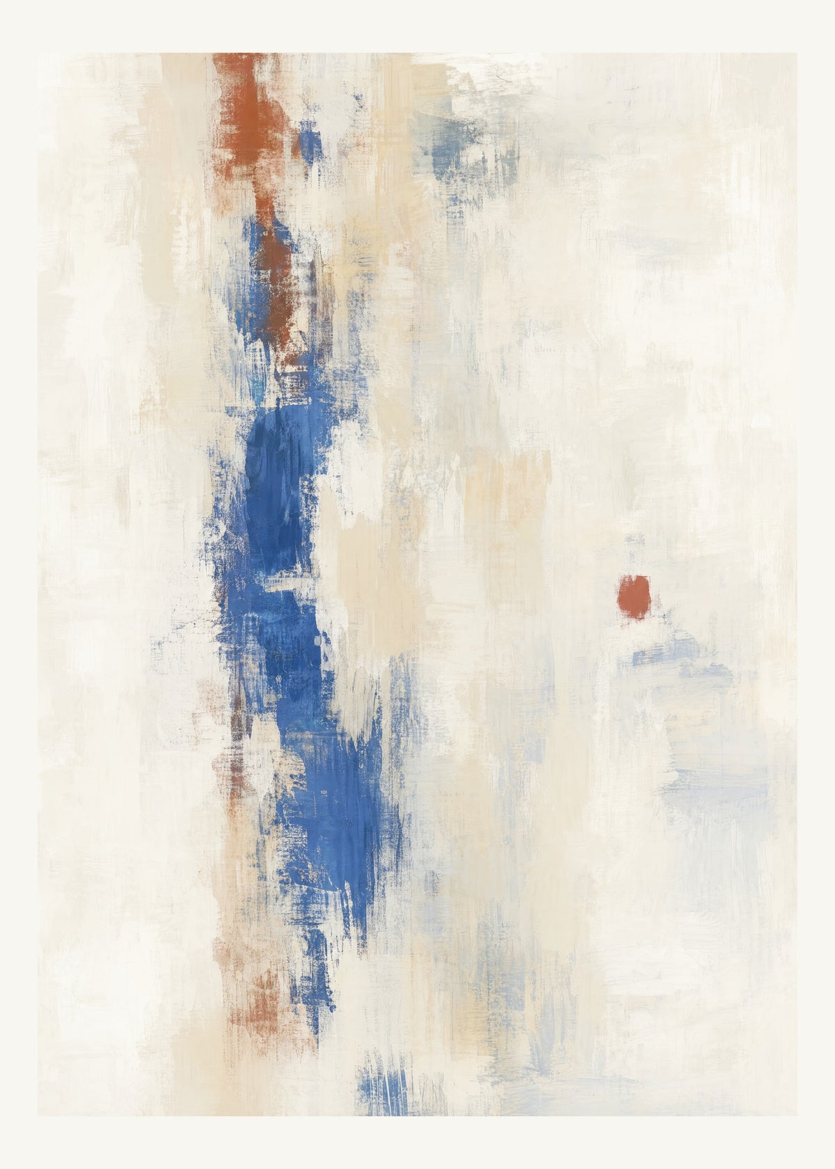 Abstrakt måleriskt motiv i vit, varmt elfenben, kobolt, tegelrött. Ett brutet lodrätt färgstråk möter tunna utsuddade slöjor och en liten förskjuten accent. 50 × 70 cm.