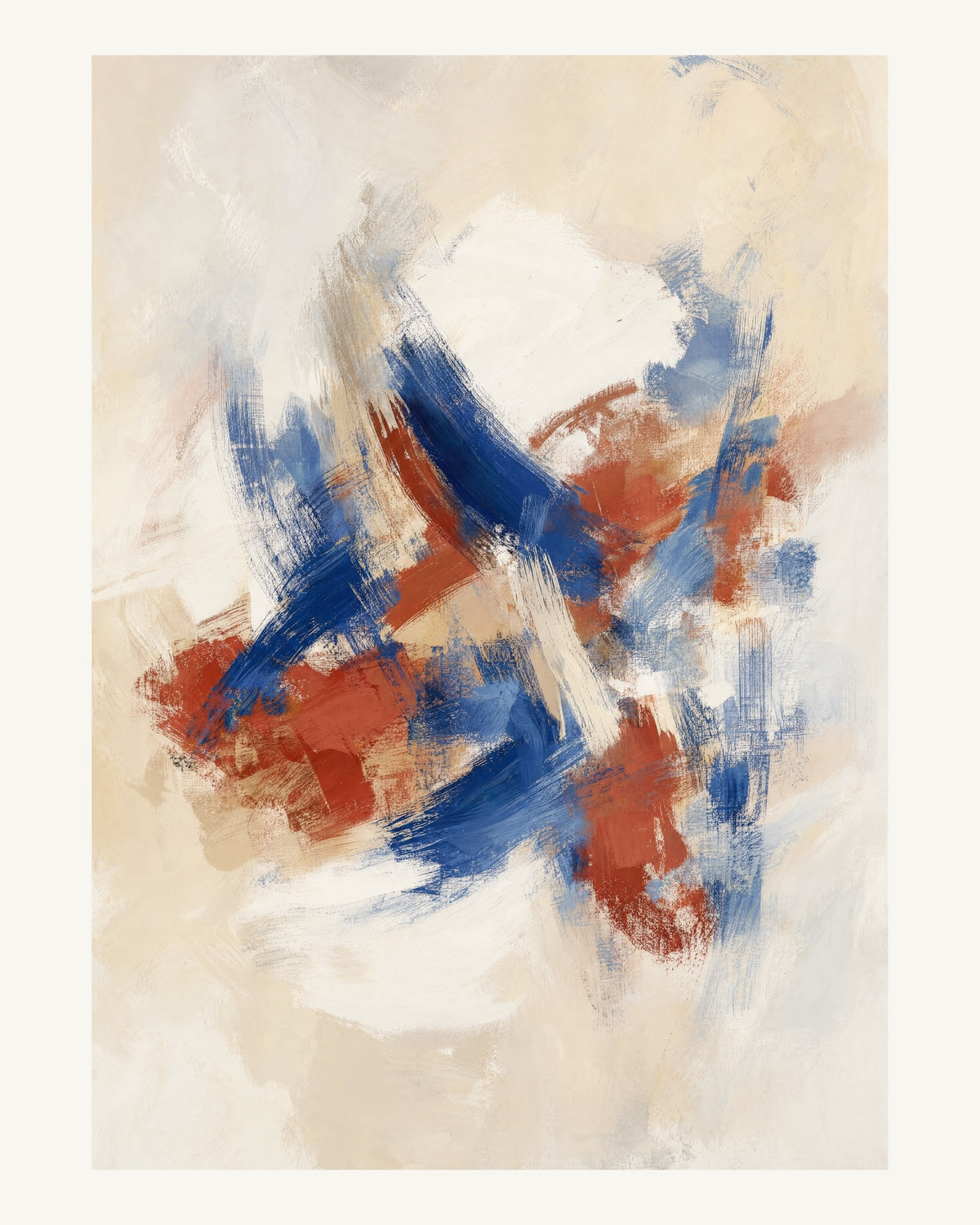 Abstrakt måleriskt motiv i vit, varmt elfenben, kobolt, tegelrött. Korta, torra penseldrag möter en bredare rörelse i en färgrik mittpunkt med luft runt omkring. 40 × 50 cm.
