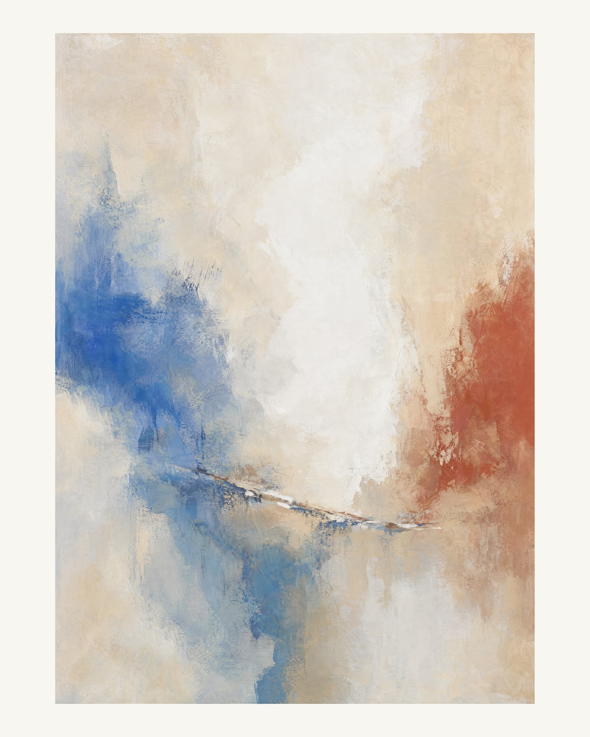 Abstrakt måleriskt motiv i vit, varmt elfenben, kobolt, tegelrött. Mjuka färgfält löser upp sig kring ett ljust mellanrum, med diskreta skrapningar som ger ytan liv. 40 × 50 cm.