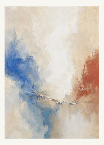 Abstrakt måleriskt motiv i vit, varmt elfenben, kobolt, tegelrött. Mjuka färgfält löser upp sig kring ett ljust mellanrum, med diskreta skrapningar som ger ytan liv. 50 × 70 cm.
