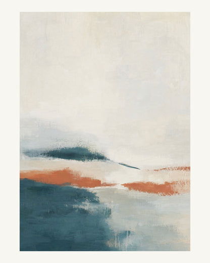 Abstrakt måleriskt motiv i vit, pappersvitt, petroleum, bränd terrakotta. Breda, ojämna färglager möts kring en avbruten horisont och lämnar gott om ljus luft. 40 × 50 cm.