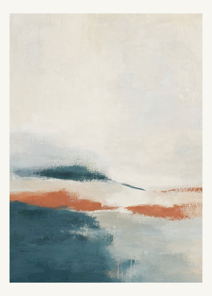 Abstrakt måleriskt motiv i vit, pappersvitt, petroleum, bränd terrakotta. Breda, ojämna färglager möts kring en avbruten horisont och lämnar gott om ljus luft. 50 × 70 cm.