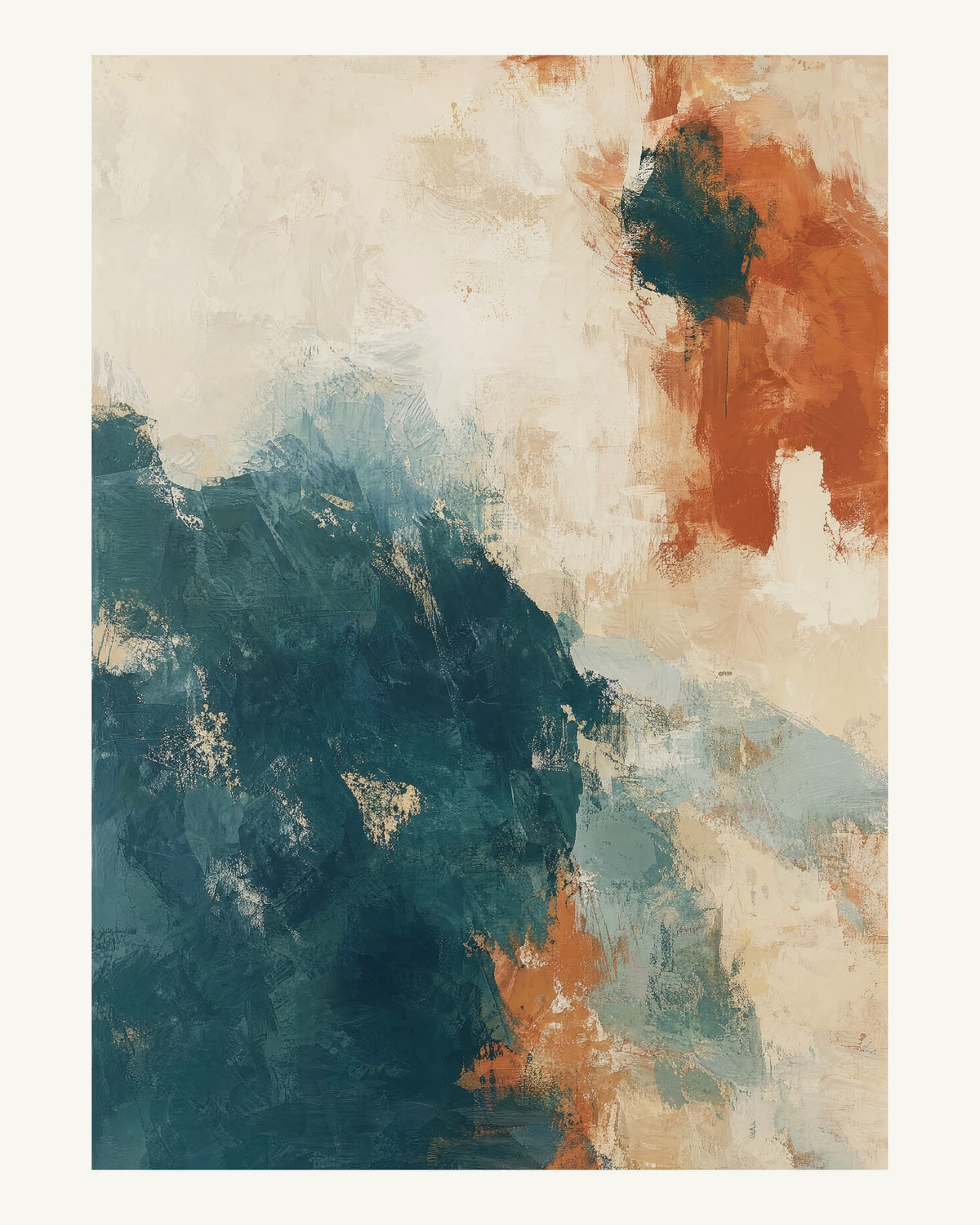 Abstrakt måleriskt motiv i vit, pappersvitt, petroleum, bränd terrakotta. Ett fylligt, oregelbundet färgfält får tyngd av skrapade lager och bryts av ljusare öppningar. 40 × 50 cm.