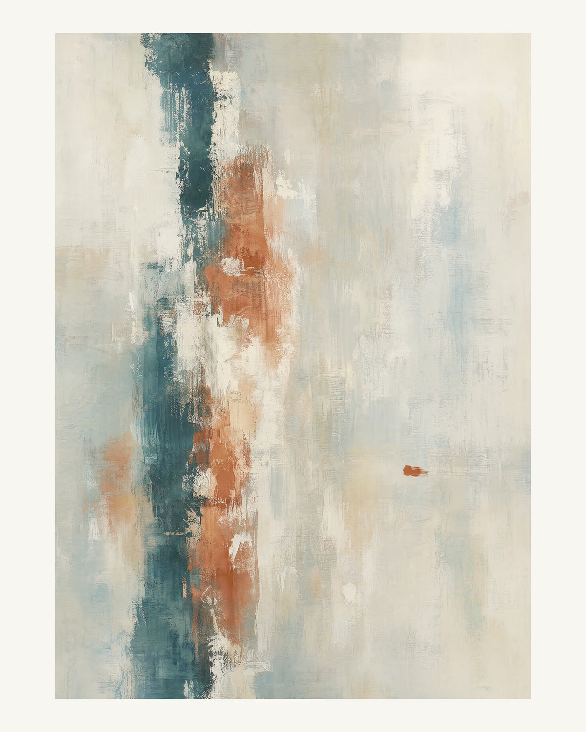 Abstrakt måleriskt motiv i vit, pappersvitt, petroleum, bränd terrakotta. Ett brutet lodrätt färgstråk möter tunna utsuddade slöjor och en liten förskjuten accent. 40 × 50 cm.