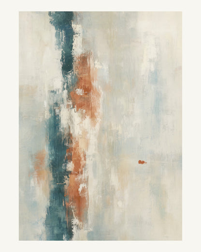 Abstrakt måleriskt motiv i vit, pappersvitt, petroleum, bränd terrakotta. Ett brutet lodrätt färgstråk möter tunna utsuddade slöjor och en liten förskjuten accent. 40 × 50 cm.