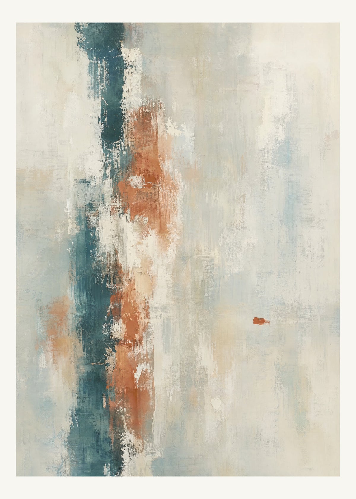 Abstrakt måleriskt motiv i vit, pappersvitt, petroleum, bränd terrakotta. Ett brutet lodrätt färgstråk möter tunna utsuddade slöjor och en liten förskjuten accent. 50 × 70 cm.