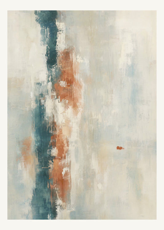 Abstrakt måleriskt motiv i vit, pappersvitt, petroleum, bränd terrakotta. Ett brutet lodrätt färgstråk möter tunna utsuddade slöjor och en liten förskjuten accent. 50 × 70 cm.